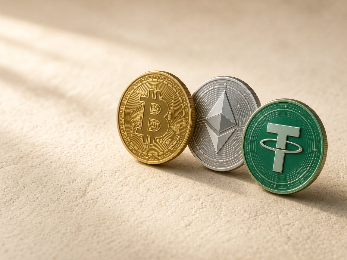 Bitcoin, Ethereum, and Tether coins