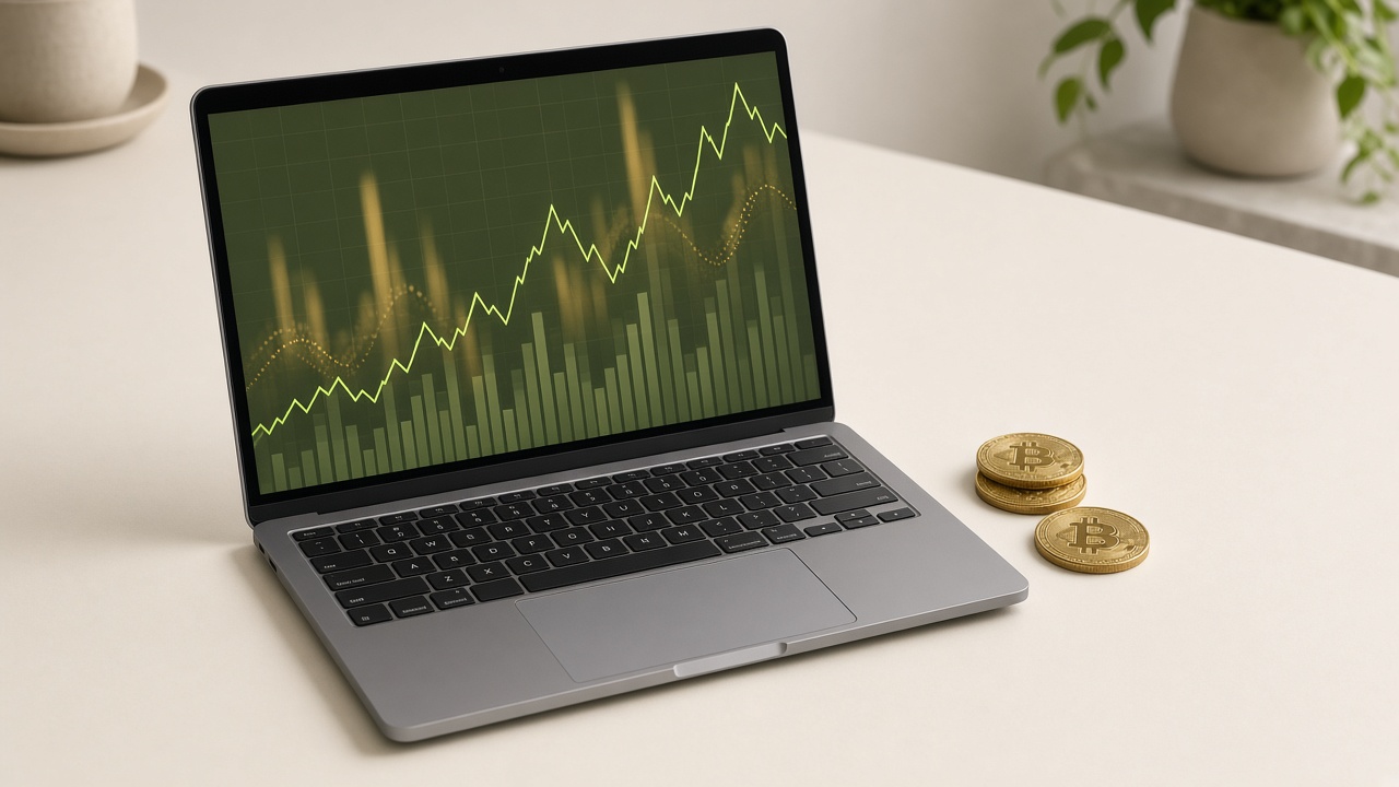 A price chart on a laptop next to Bitcoin coins